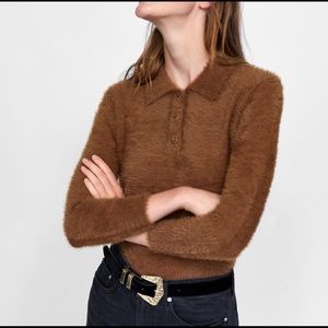 Zara brown fuzzy polo shirt / sweater S